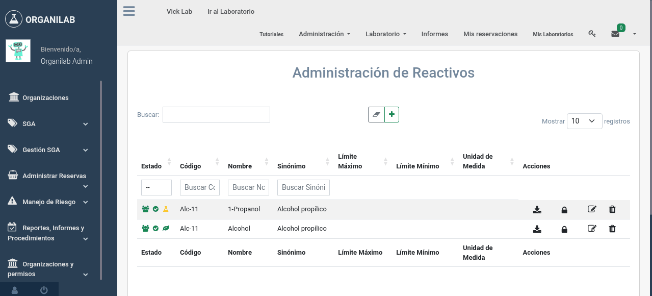 Registro de reactivos en inventario
